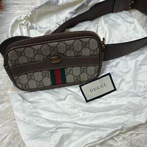 Gucci Brown GG Supreme Canvas Belt Bag with Web Stripe